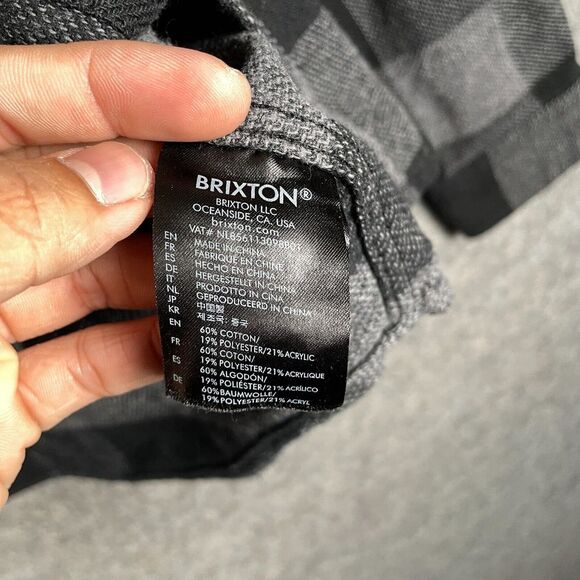 BRIXTON Bowery Mens Flannel Hoodie Hooded Size M Medium Gray Black Plaid USA EUC - Picture 3 of 9